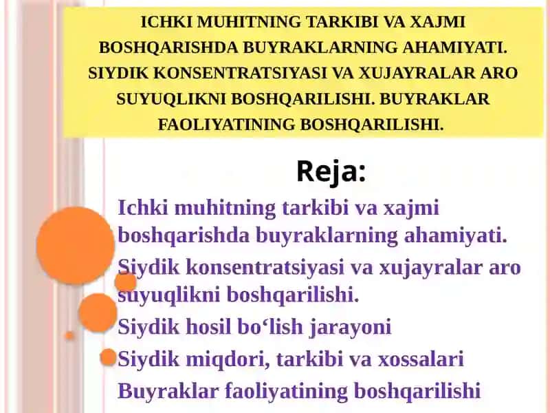 Ichki muhitning tarkibi va hajmini boshqarishda buyraklarning ahamiyati. 2