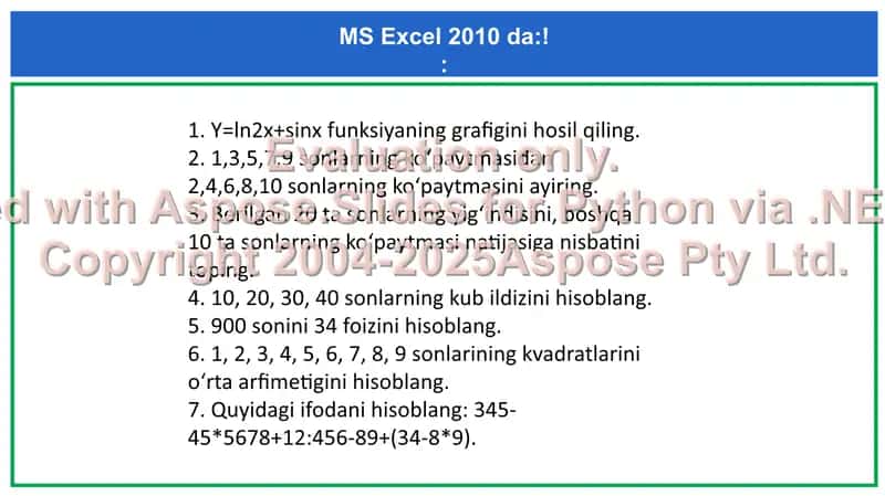 MS Excel 2010 da:! 2