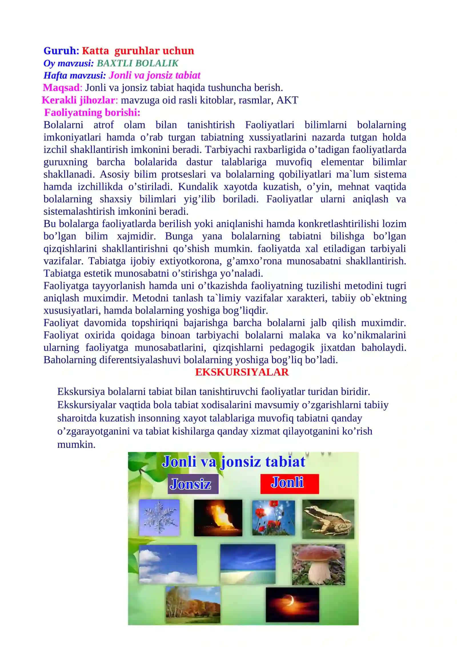 Jonli va jonsiz tabiat KATTA GURUH BOLALARI UCHUN MASHG’ULOT ISHLANMA  YOZ DAVRI UCHIN 2