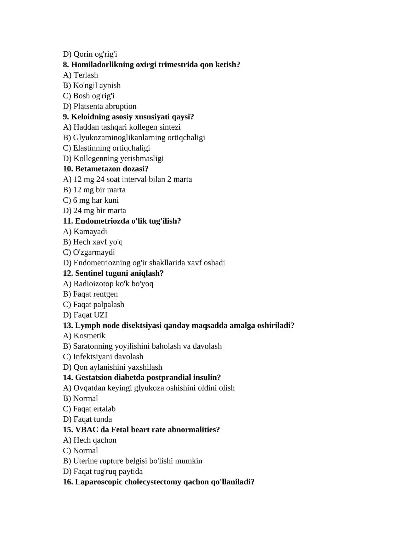 Tibbiyotdan savollar TAYYORGARLIK TEST TO'PLAMI (Terapiya, Jarrohlik, Akusherlik-ginekologiya) 2