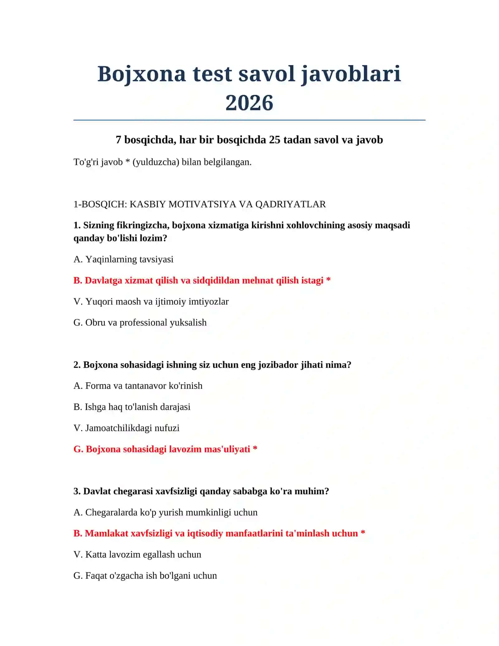 Bojxona test savol javoblari 2026 2
