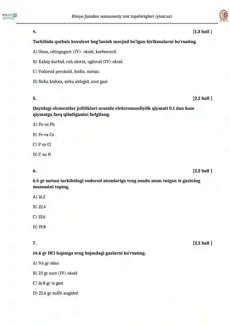 Kimyo fanidan namunaviy test topshiriqlari (ytest.uz) 2