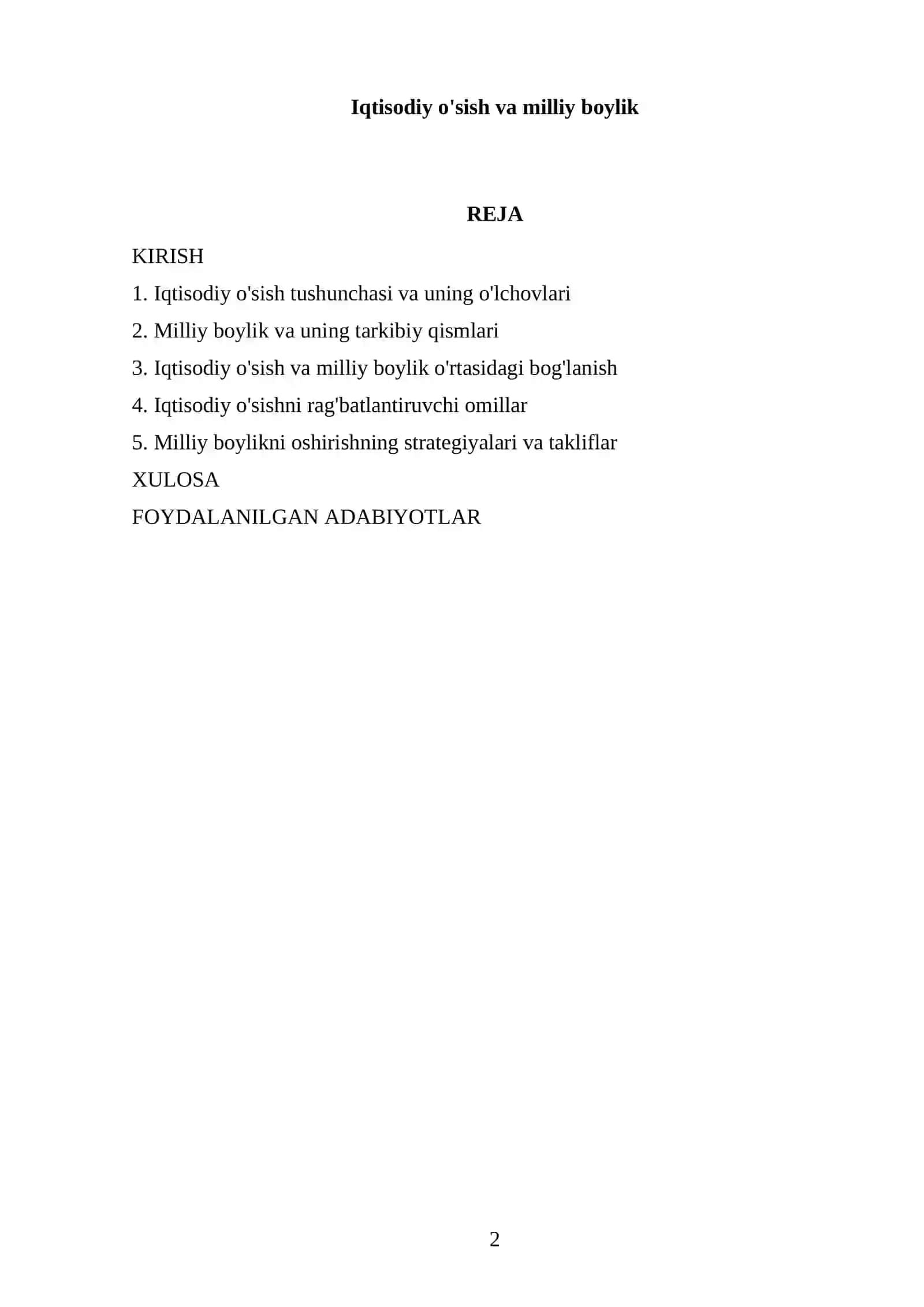 Iqtisodiy o'sish va milliy boylik REFERATI 2