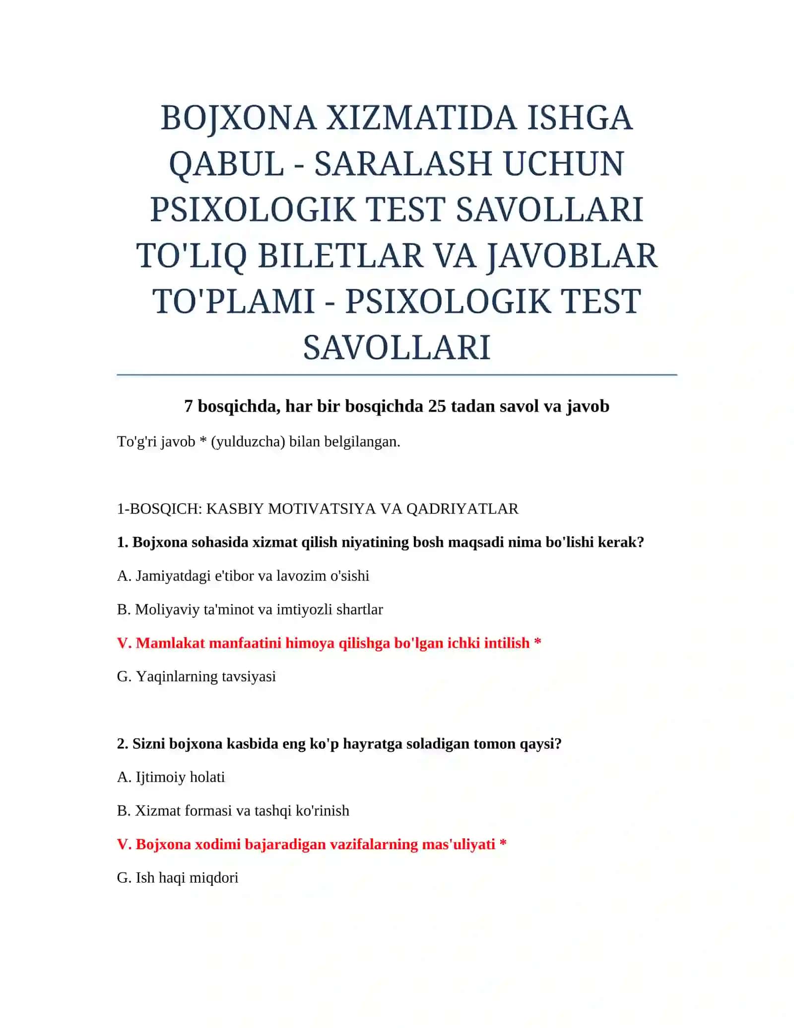 ISHGA QABUL - SARALASH UCHUN PSIXOLOGIK TEST SAVOLLARI 2