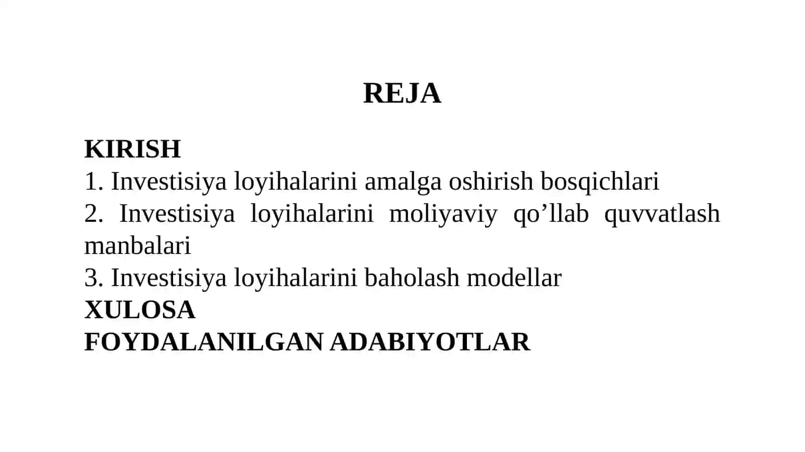 INVESTITSIYA LOYIHALARINI BAHOLASH USULLARI 2