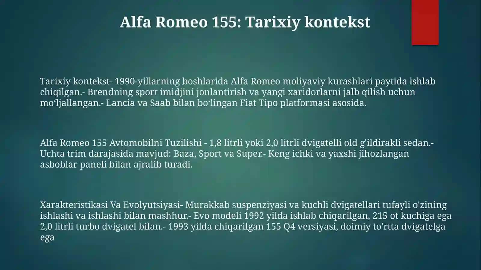 Alfa Romeo 155 Avtomobilni Tuzilishi, Xarakteristikasi Va Evolyutsiyasi 2
