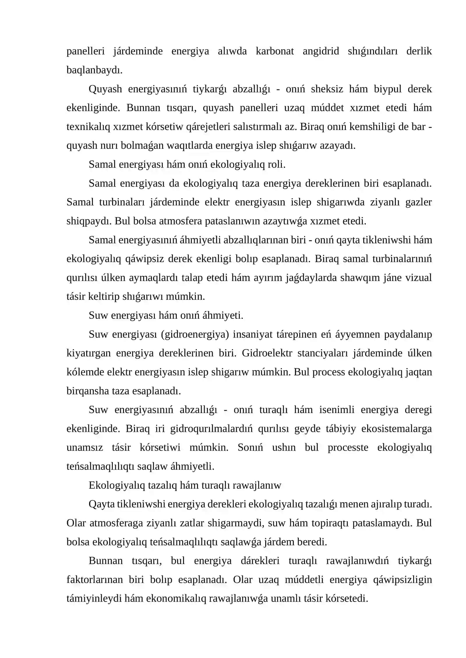 Dasturiy emes energiya derekleri hám olardıń ekologiyalıq tazalıǵı (quyash, samal hám suw energiyası) 2