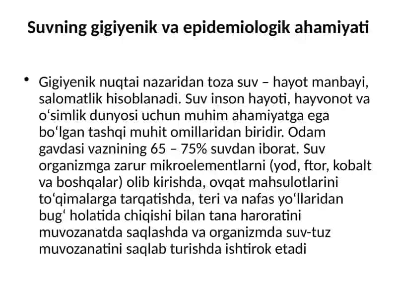 Ichimlik suviga qo’yilgan gigiyenik talablar suvni sifatini tozalash va zararsizlantirish usullari 2
