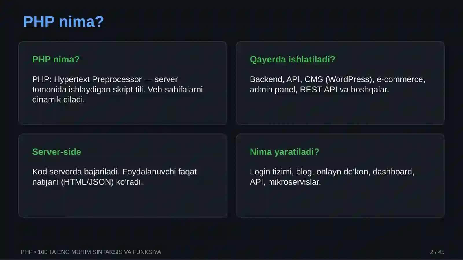 PHP — 100 TA ENG MUHIM SINTAKSIS VA FUNKSIYA 2