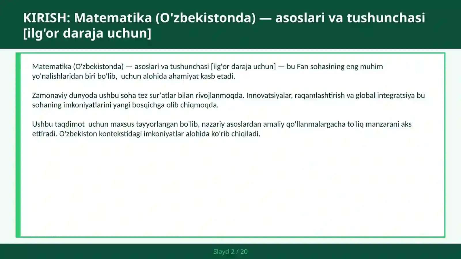 Matematika (O'zbekistonda) — asoslari va tushunchasi [ilg'or daraja uchun] 2