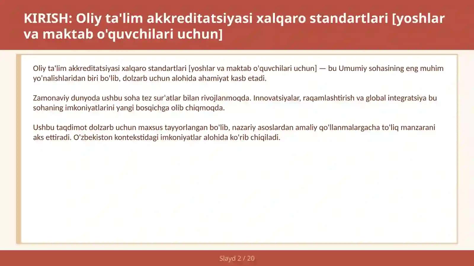 Oliy ta'lim akkreditatsiyasi xalqaro standartlari [yoshlar va maktab o'quvchilari uchun] 2
