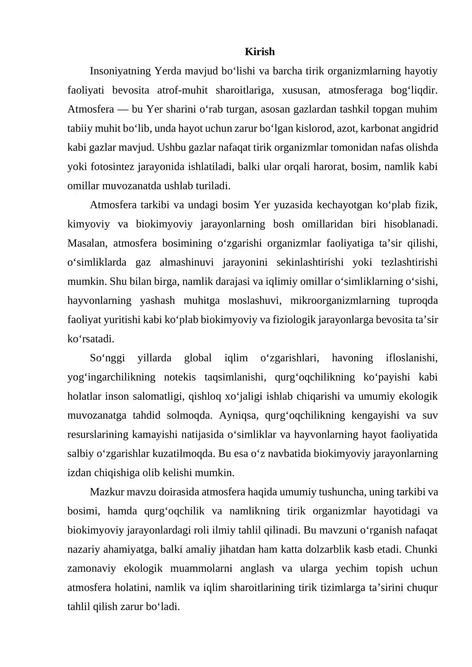 ATMOSFERANING TARKIBI VA BOSIMI. QORG'OQCHILIK, NAMLIK VA UNING BIOKIMYOVIY JARAYONLARGA TA'SIRI 2