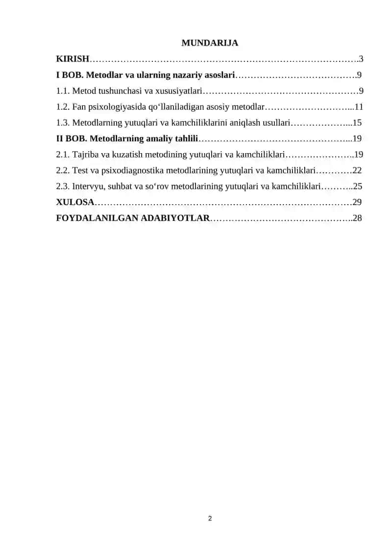 Metodlarning yutuq va kamchiliklari. 2
