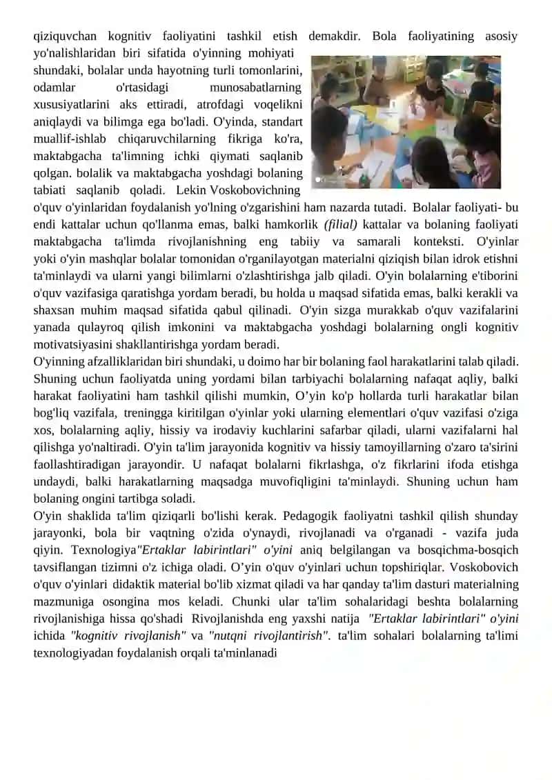 MAKTABGACHA YOSHDAGI BOLALARNING ELEMENTAR MATEMATIKA FAOLIYATIDA VOSKOBOVICH TEXNOLOGIYASINI QO`LLASH 2