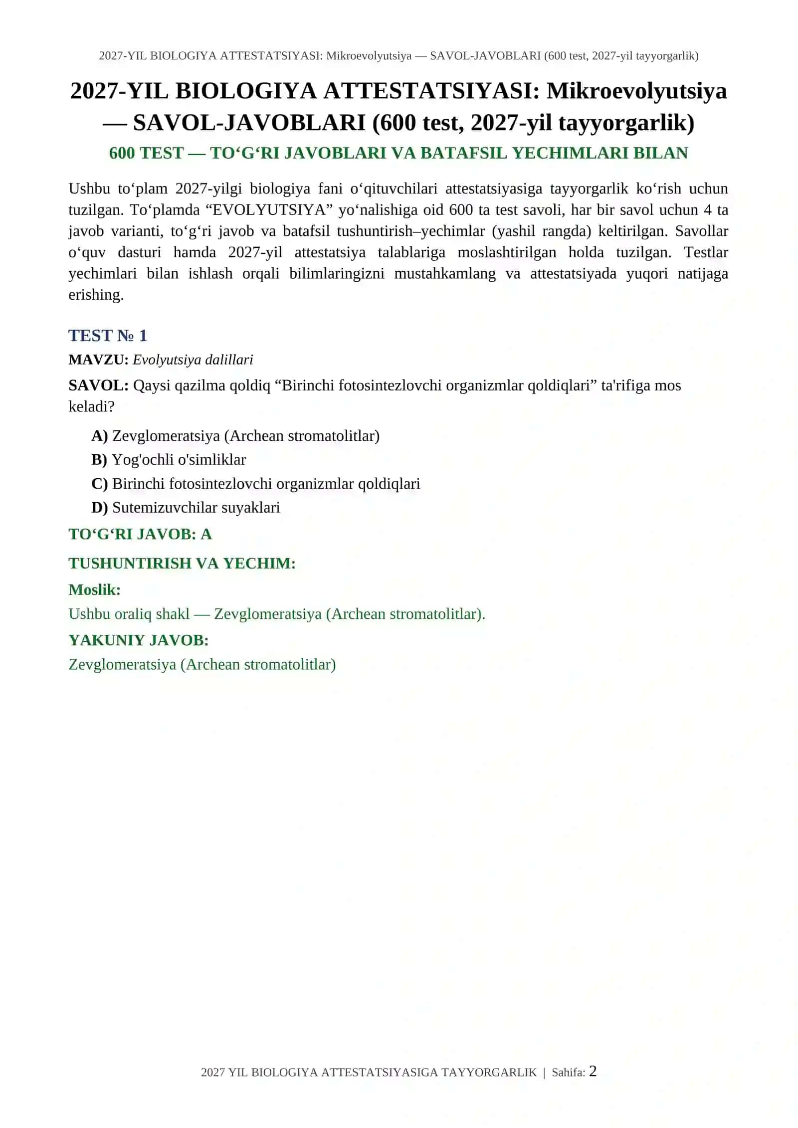 2027-YIL BIOLOGIYA ATTESTATSIYASI: Mikroevolyutsiya — SAVOL-JAVOBLARI (600 test, 2027-yil tayyorgarlik) 2