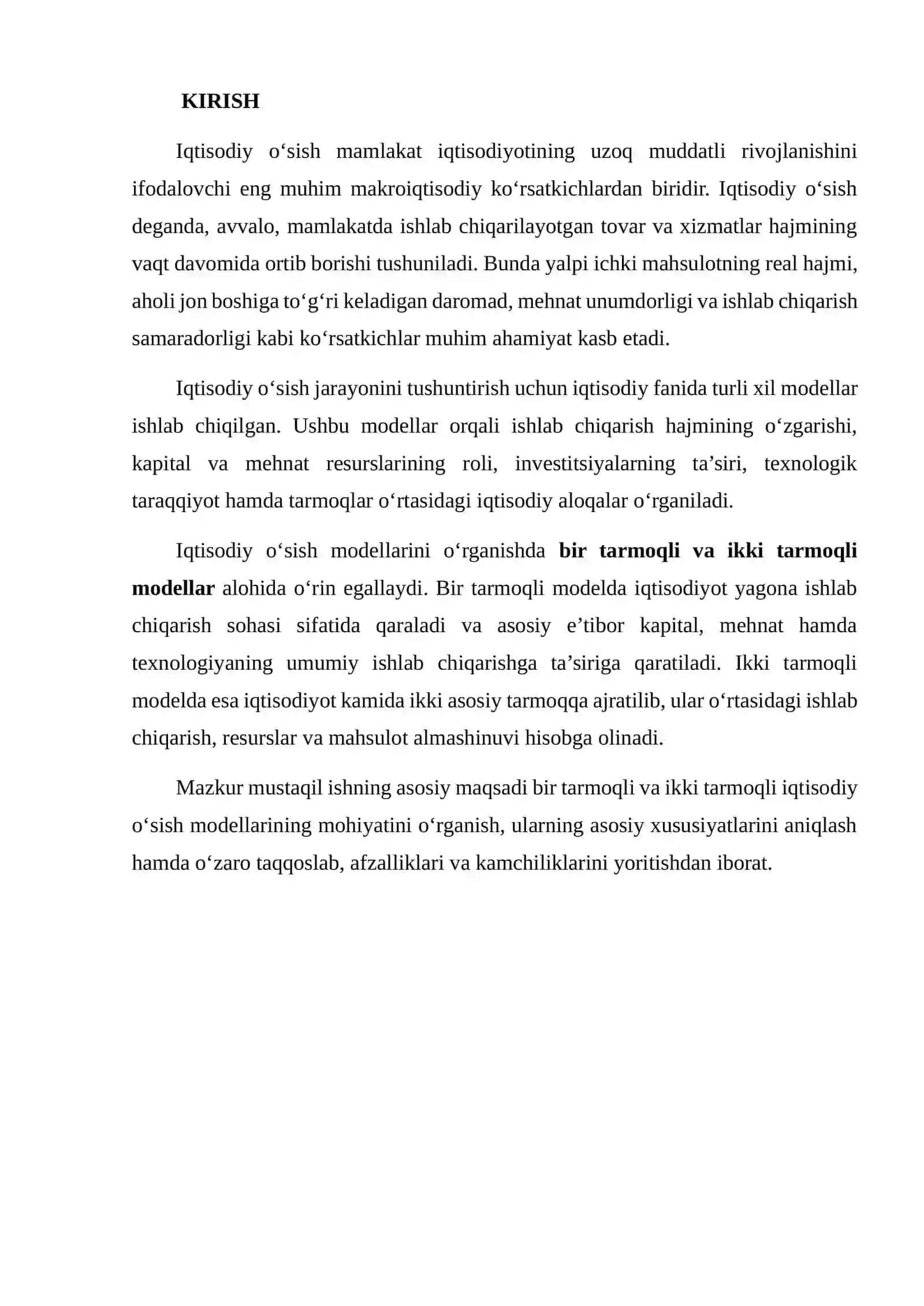 BIR TARMOQLI YOKI IKKI TARMOQLI IQTISODIY O‘SISH MODELLARI BO‘YICHA TAQQOSLAMA TAHLIL 2