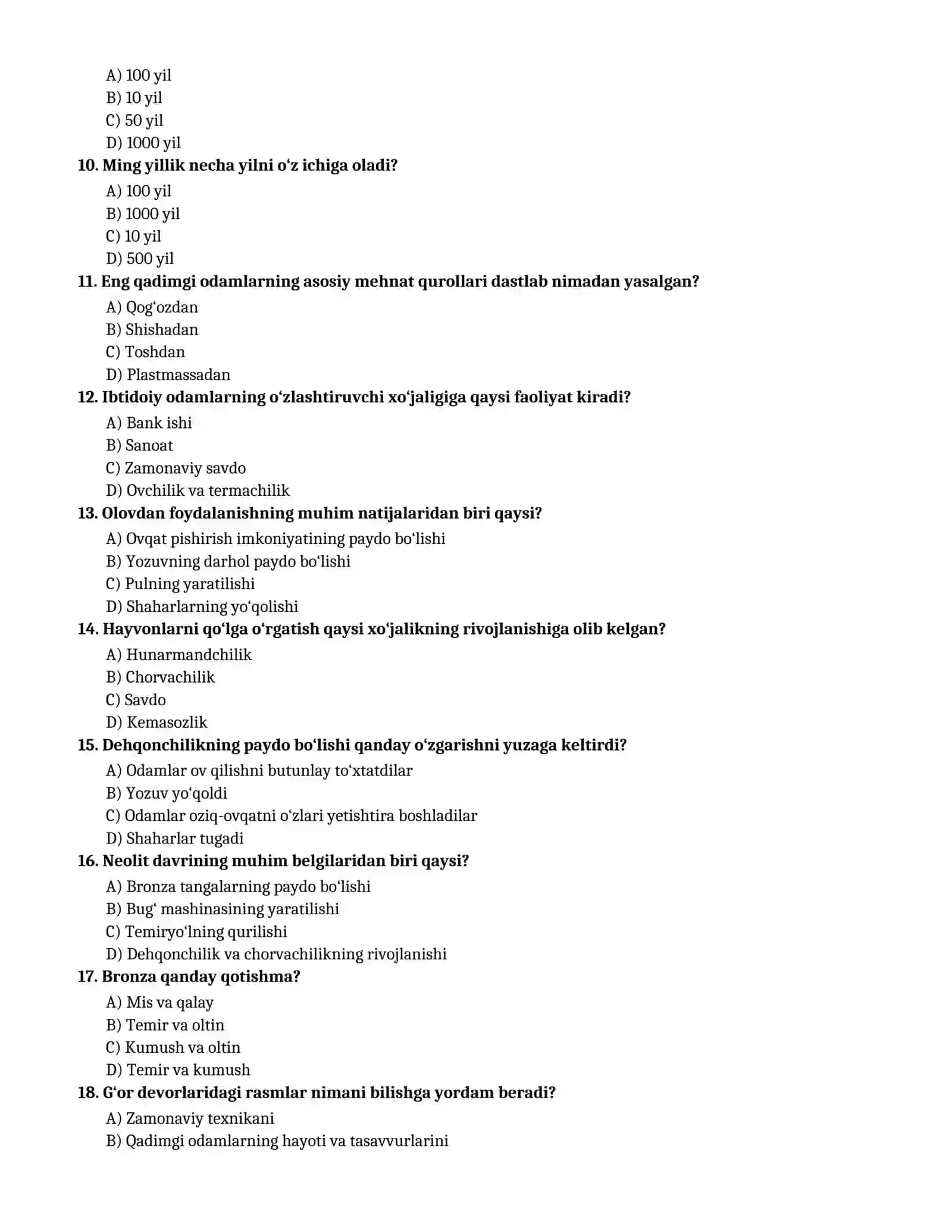 5-sinf Tarix fanidan 100 ta test — savollar va javoblar 2