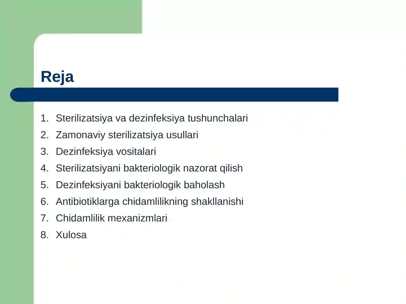 Tibbiyotda zamonaviy sterilizatsiya usullari. Sterilizatsiya, dezinfeksiya usullariga bakteriologik baho berish. Kimyoterapevtik preparatlar va antibiotiklarga bakteriyalaming chidamli shtammlarining shakllanish mexanizmlari 2
