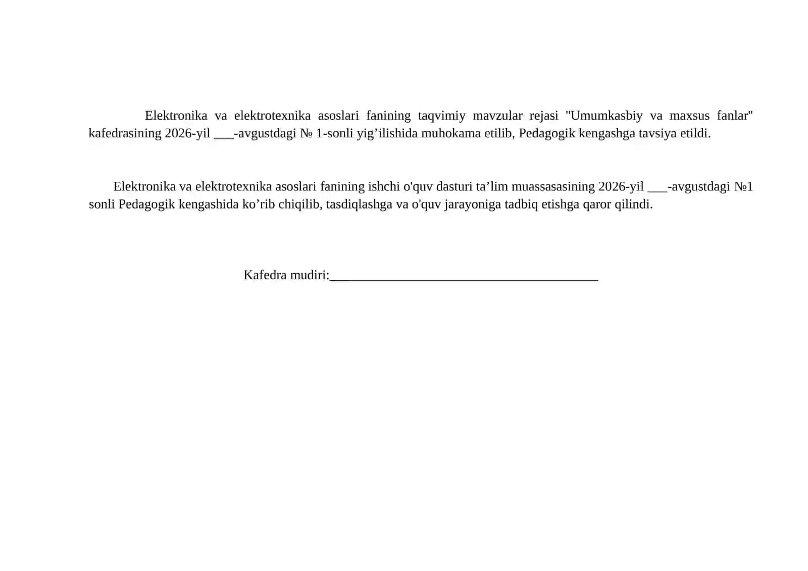Texnikum Elektrotexnika fani Agro servis texnigi yo'nalishi uchun taqvim 2