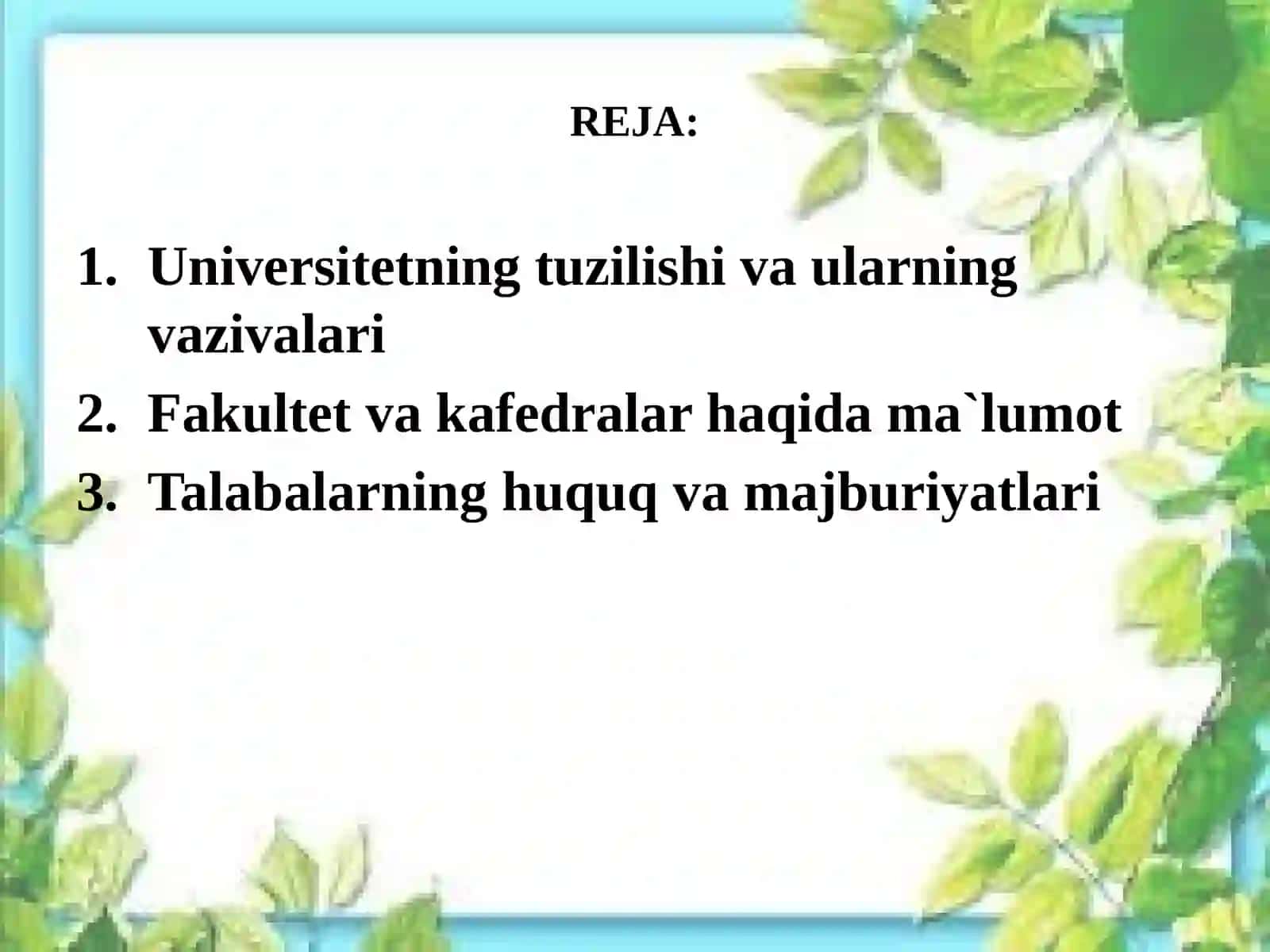 URGANCH DAVLAT UNIVERSITETINING TARIXI, TIZIMI, ICHKI TARTIB QOIDALARI, O'QUV-TASHKILIY VA ILMIY-MA'RIFIY ISHLARI BO'YICHA ISTIQBOL REJALARI 2