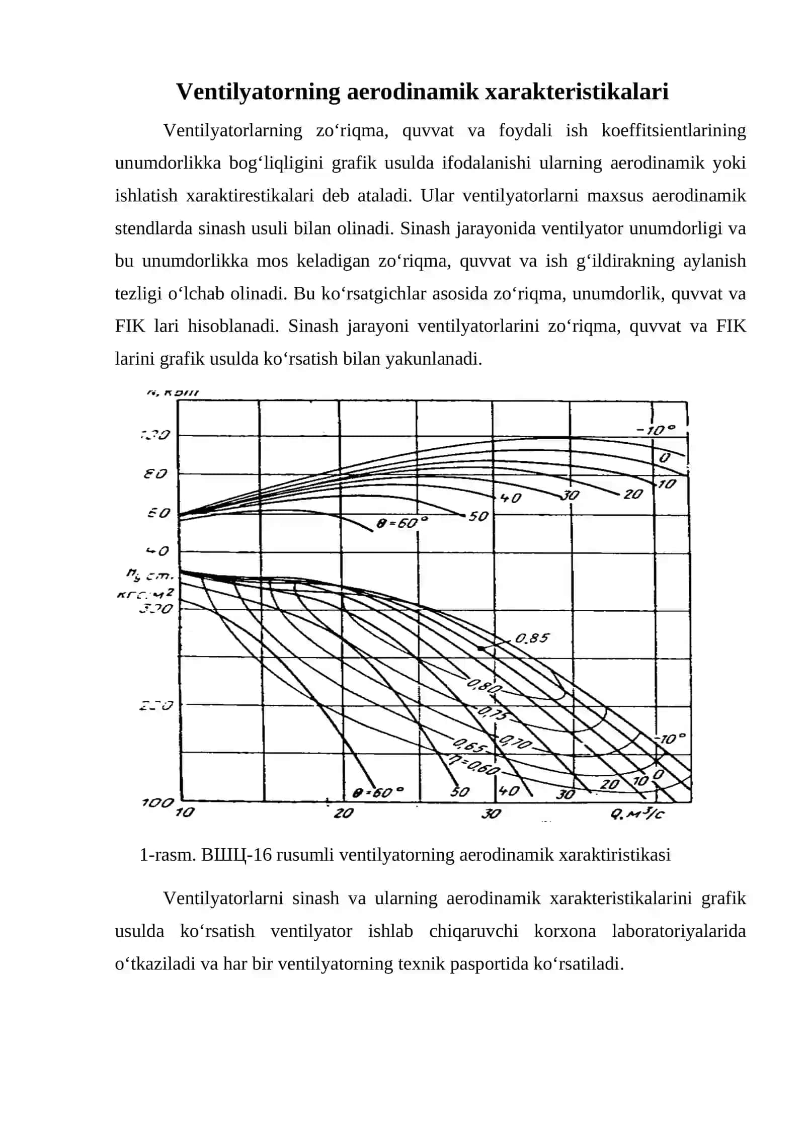 Ventilyatorning aerodinamik xarakteristikalari.Ventilyator qurilma elektr yutigichi va avtomatlashtirish vositalari 2