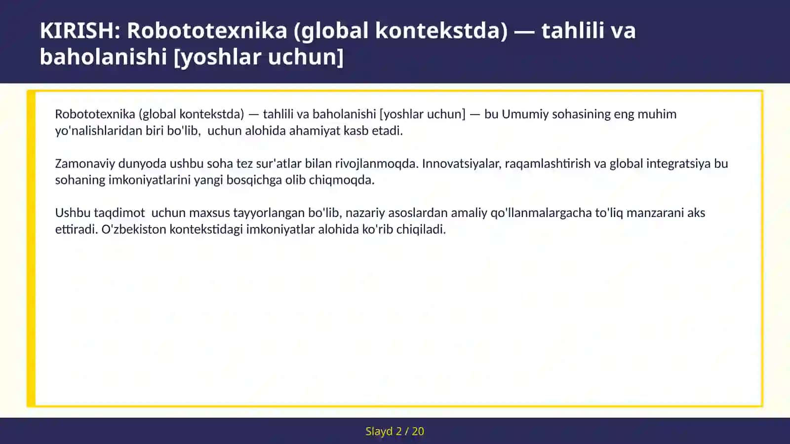 ROBOTOTEXNIKA (GLOBAL KONTEKSTDA) — TAHLILI VA BAHOLANISHI [YOSHLAR UCHUN] 2