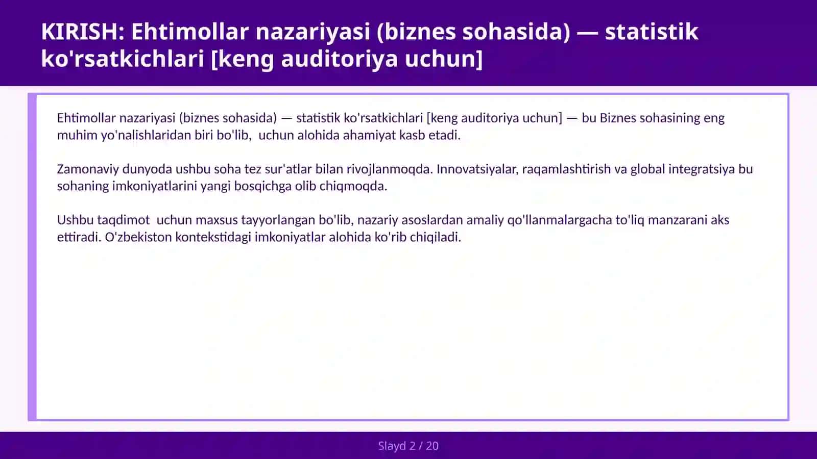 EHTIMOLLAR NAZARIYASI (BIZNES SOHASIDA) — STATISTIK KO'RSATKICHLARI [KENG AUDITORIYA UCHUN] 2