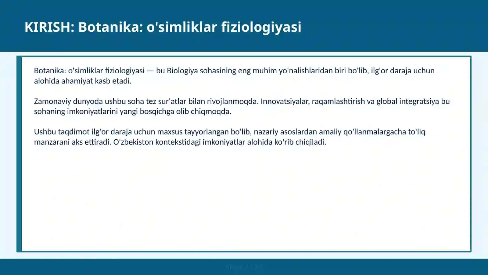 Botanika: O'SIMLIKLAR FIZIOLOGIYASI 2
