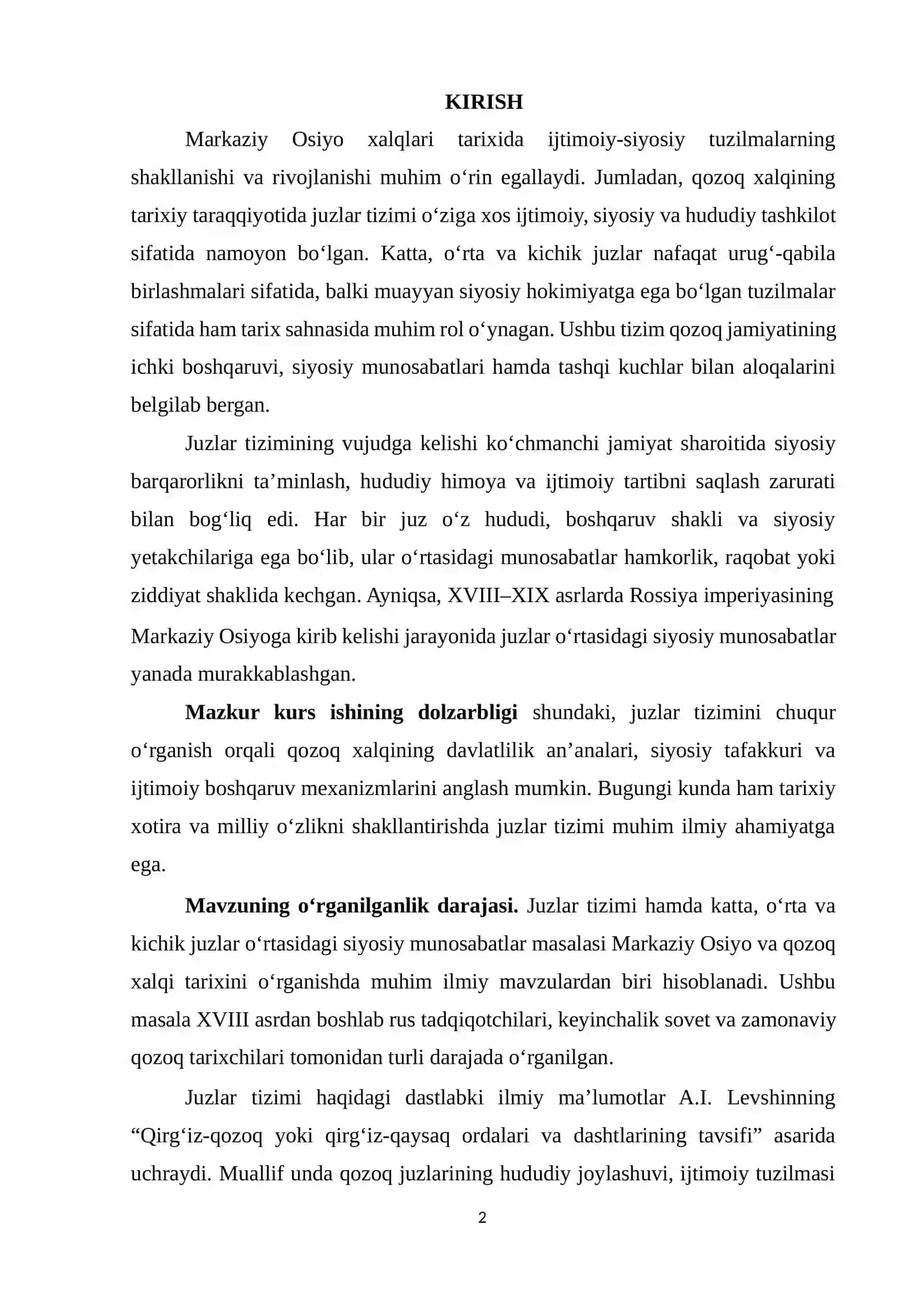 Juzlar tizimi. Katta, kichik, oʻrta juzlar oʻrtasidagi siyosiy munosabatlar 2