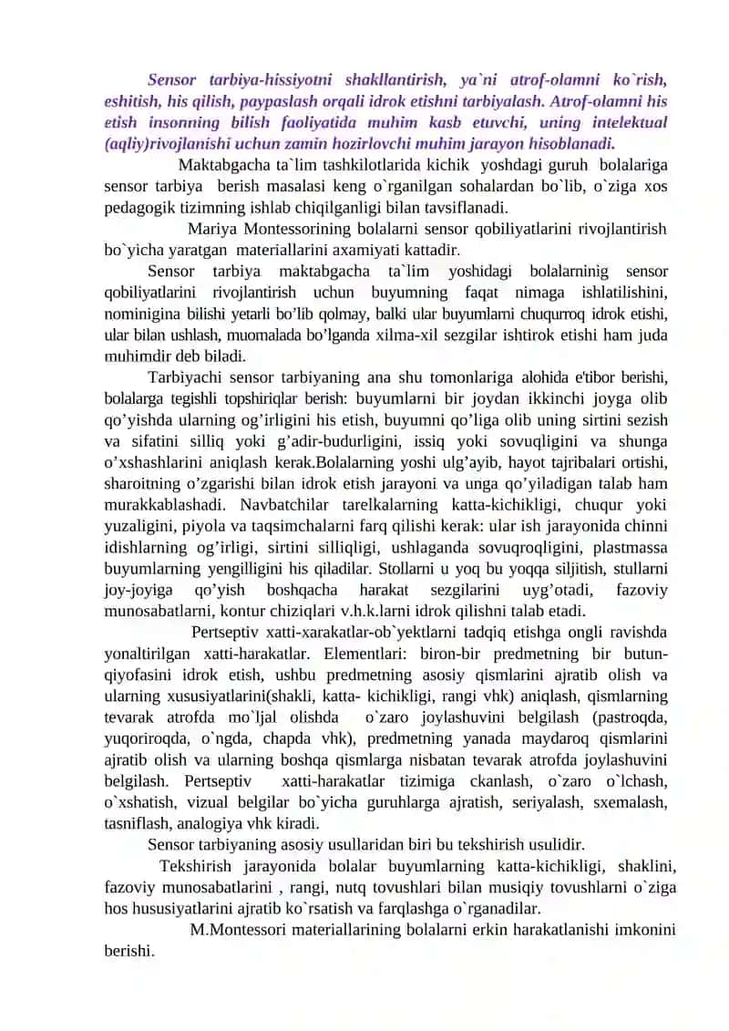 UCH YOSHDAN TO`RT YOSHGACHA BO`LGAN BOLALAR BILAN OLIB BORILADIGAN SENSOR TARBIYA MAZMUNI 2