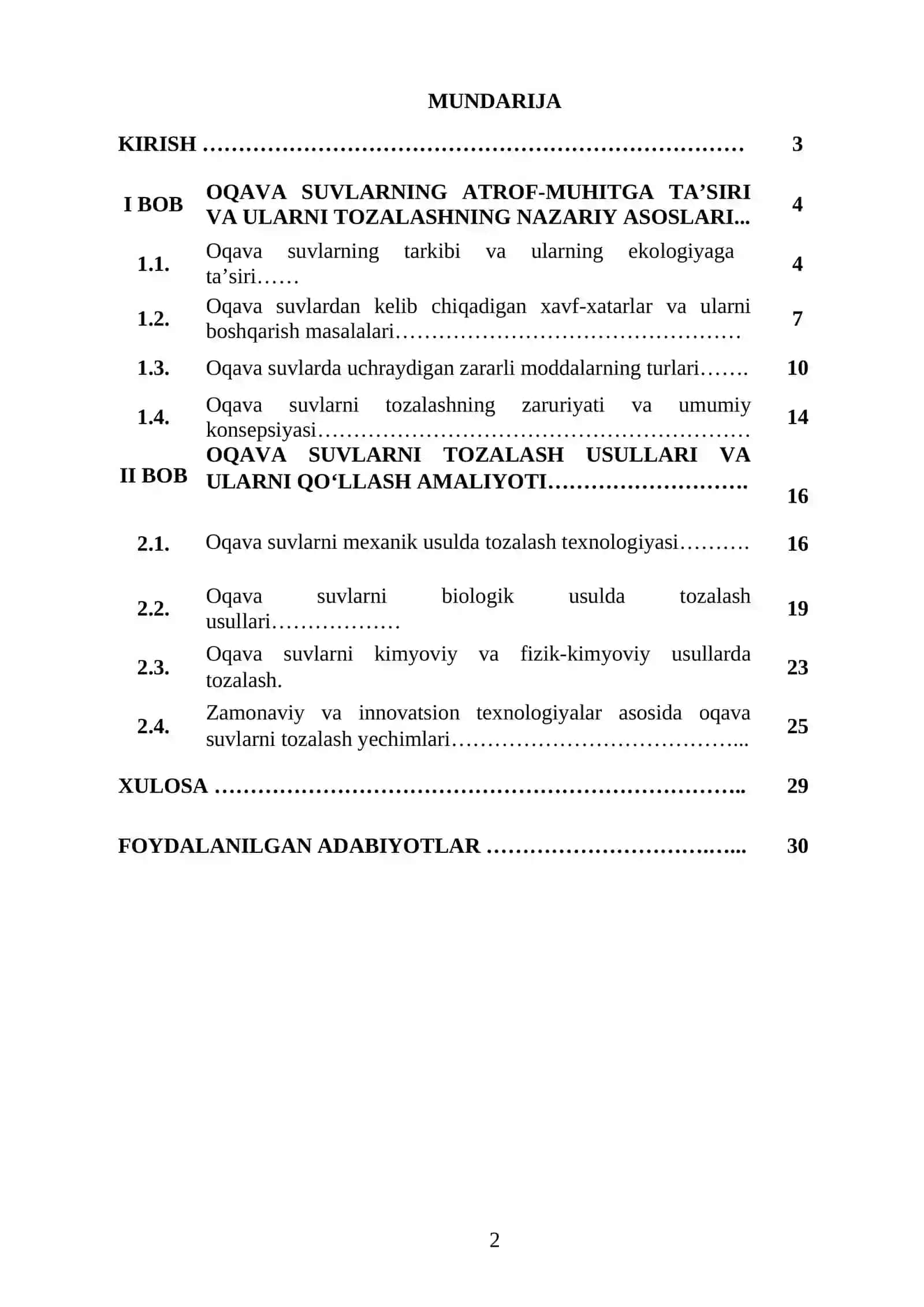 OQAVA SUVLARNI TOZALASH USULLARI - KURS ISHI 2