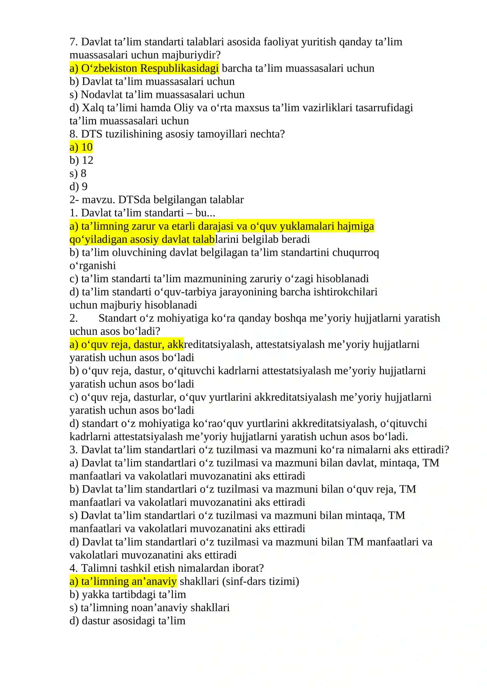 MENEJERLIK TEST SAVOLLARI (JAVOBLARI BILAN) 2