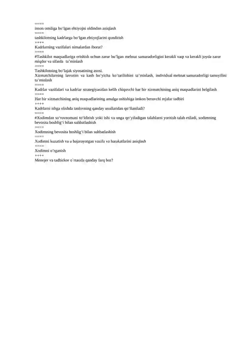 "Personalni boshqarish" fanidan test savollari 2