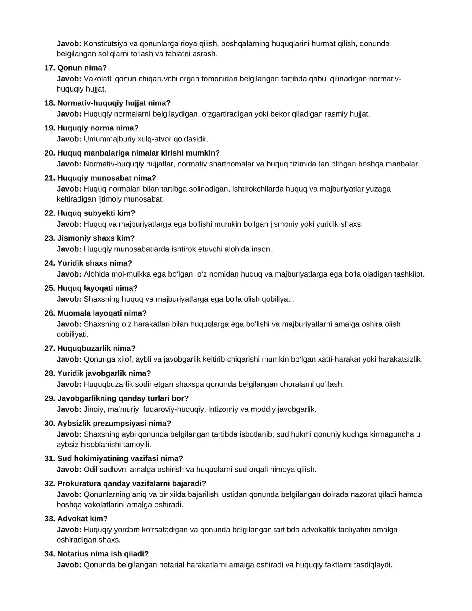 Huquqshunoslik fanidan 100 ta imtihon savol-javobi | Word 2