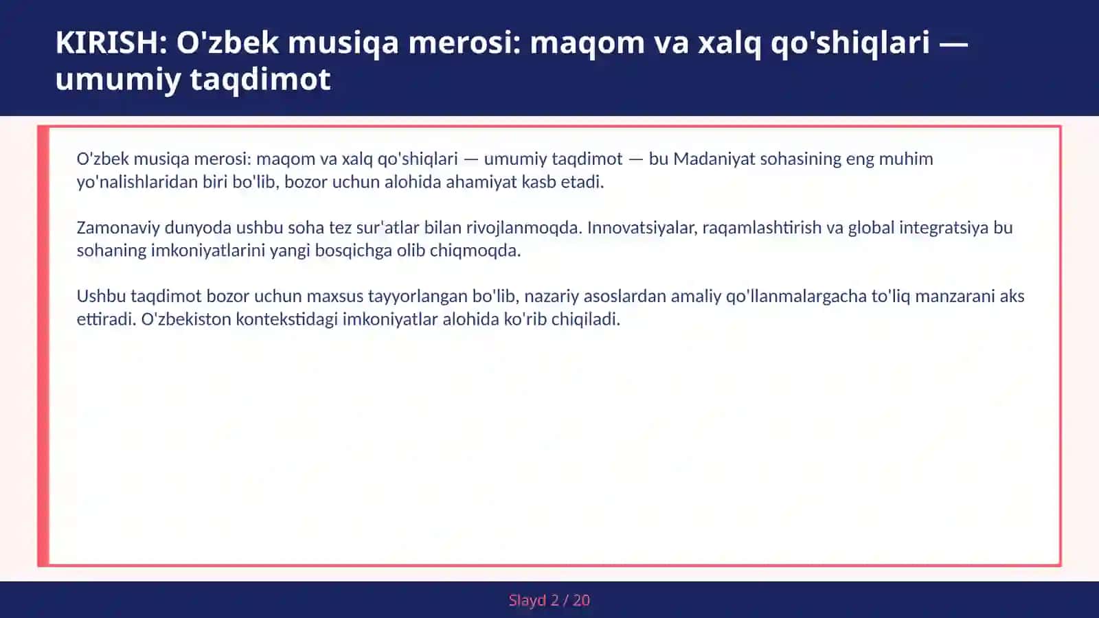 O'zbek musiqa merosi: maqom va xalq qo'shiqlari — umumiy taqdimot 2