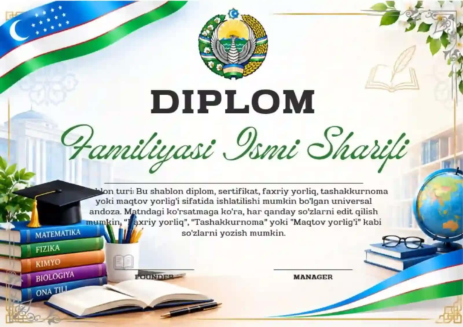 Shablon diplom, sertifikat, faxriy yorliq, tashakkurnoma yoki maqtov yorlig'i 2