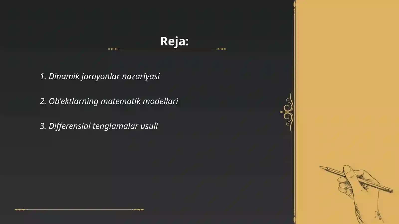 Ob'ektdagi dinamik jarayonning matematik va kompyuter modelini tuzishda analitik usullarda ifodalanish 2