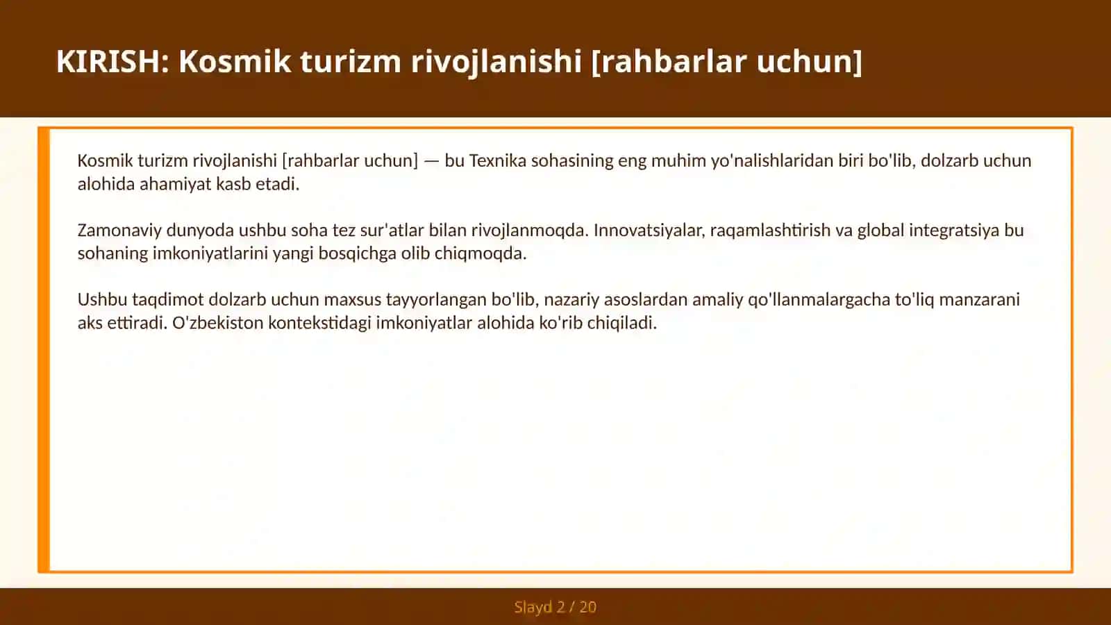 Kosmik turizm rivojlanishi [rahbarlar uchun] 2