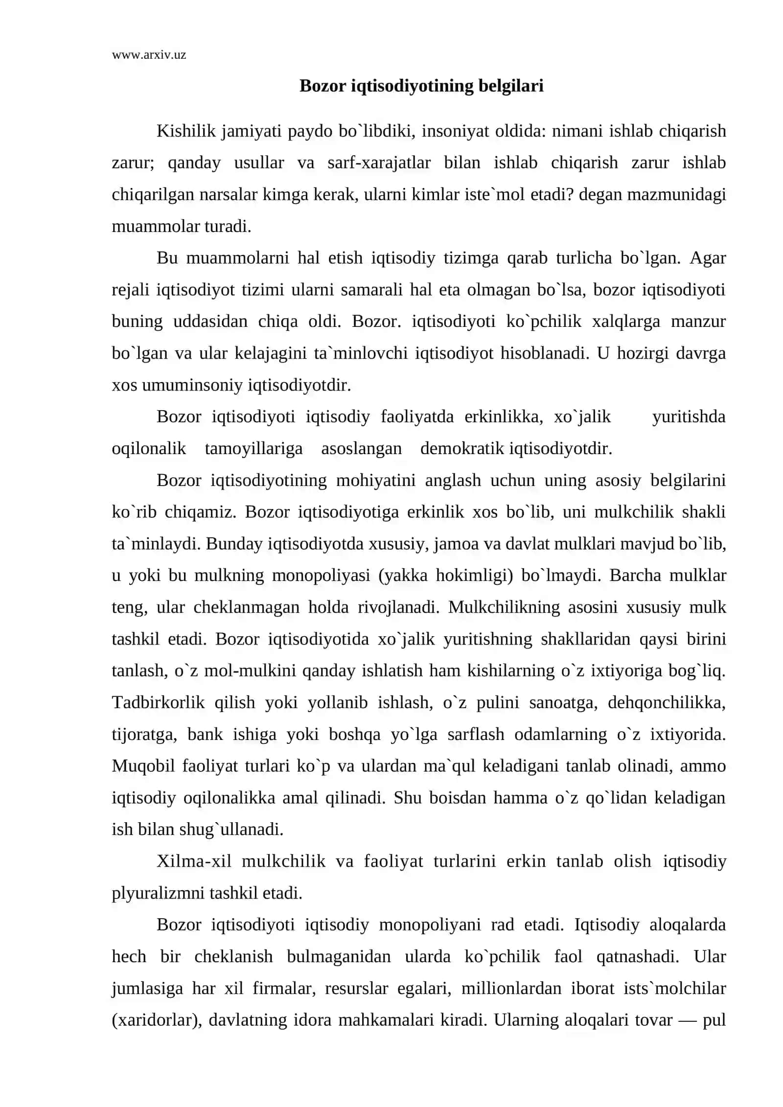 Bozor iqtisodiyotining belgilari 2