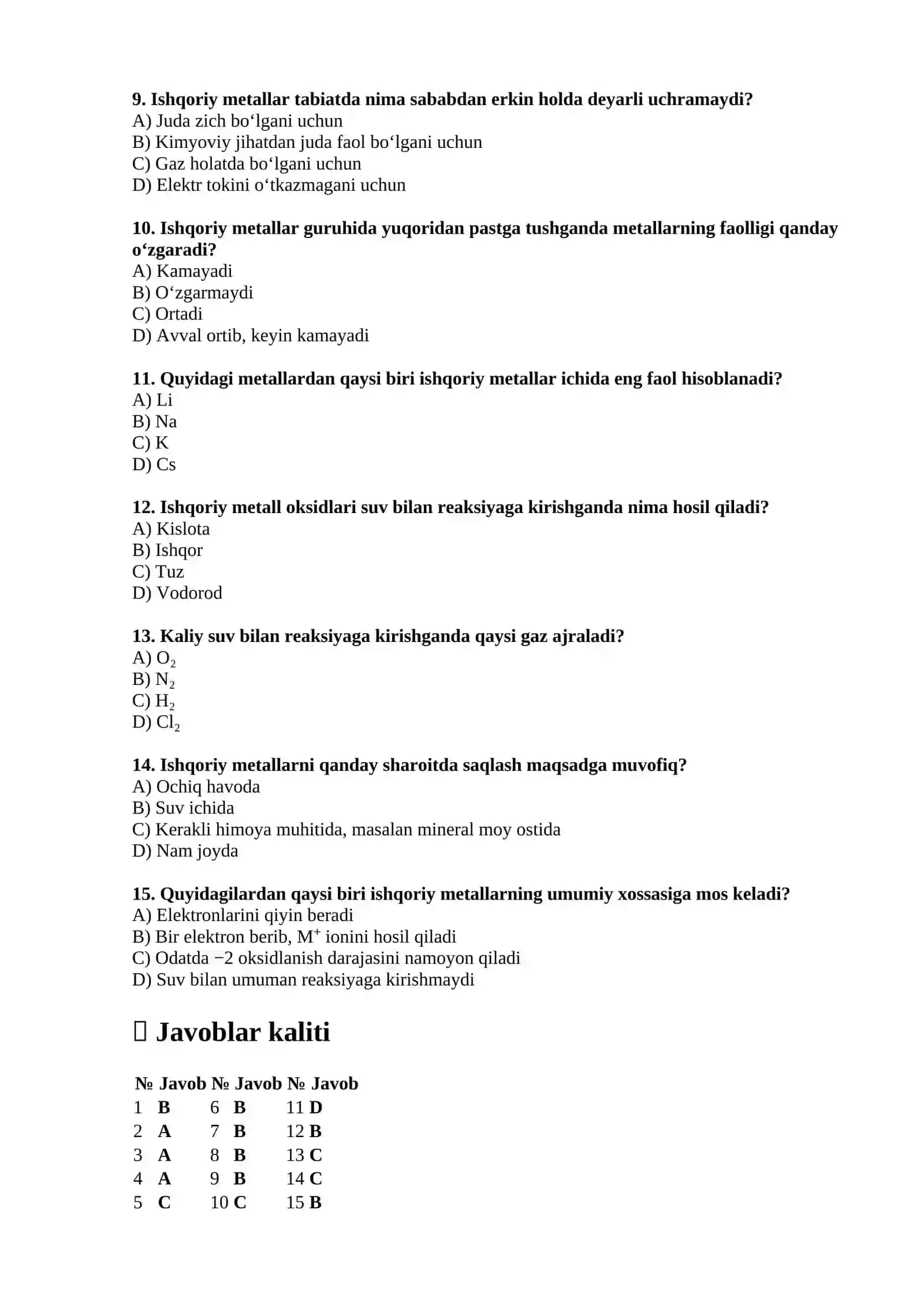 Ishqoriy metallar test 2