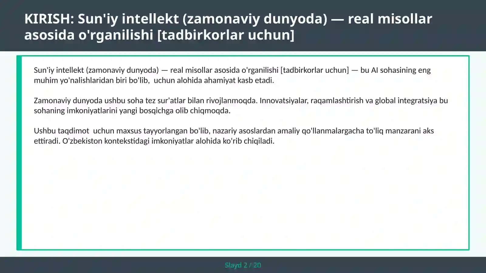 Sun'iy Intellekt (Zamonaviy Dunyoda) — Real Misollar Asosida O'rganilishi [Tadbirkorlar Uchun] 2