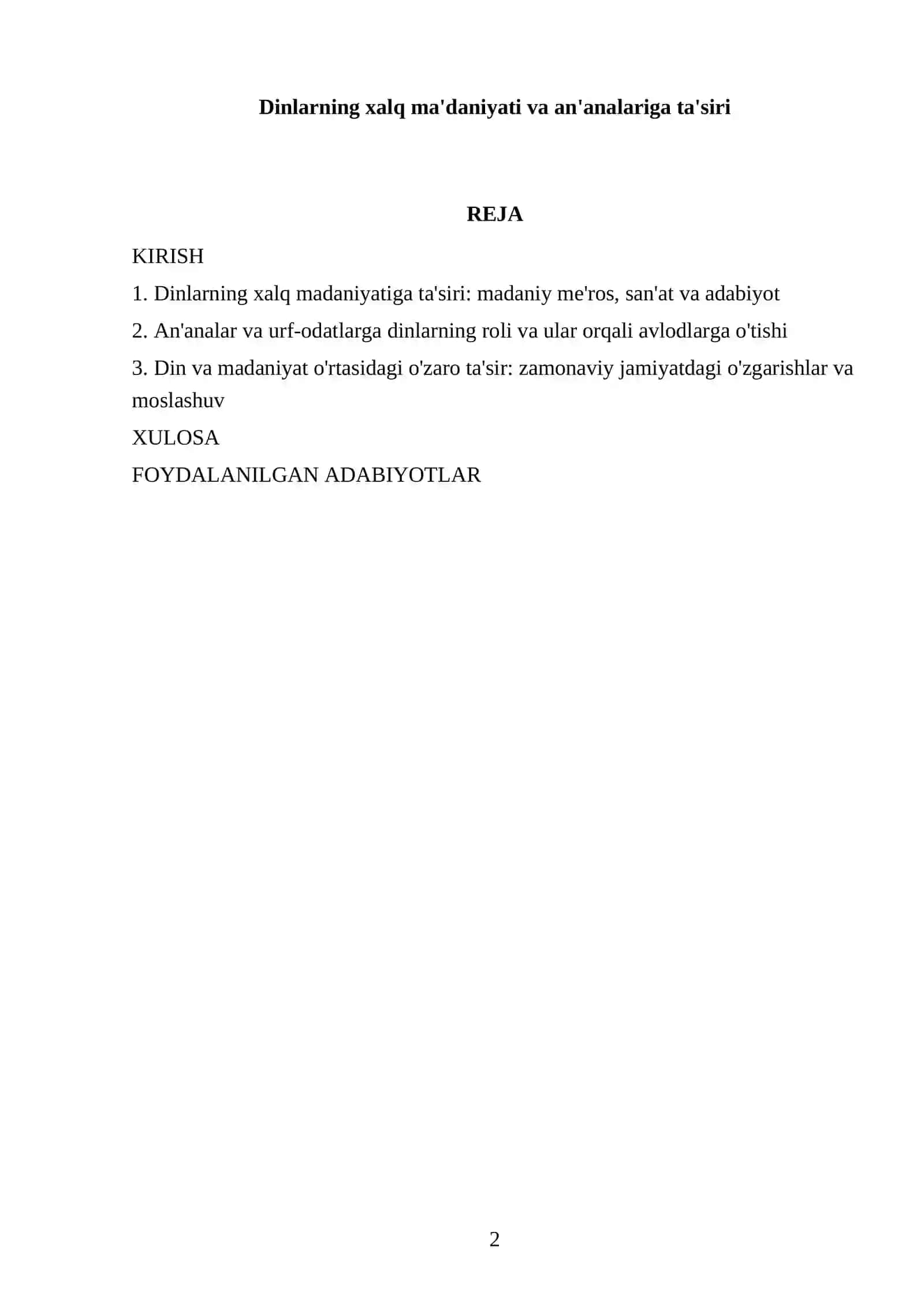 1-KURS TALABASI NODIRNING DINSHUNOSLIK FANIDAN TAYYORLAGAN REFERATI 2