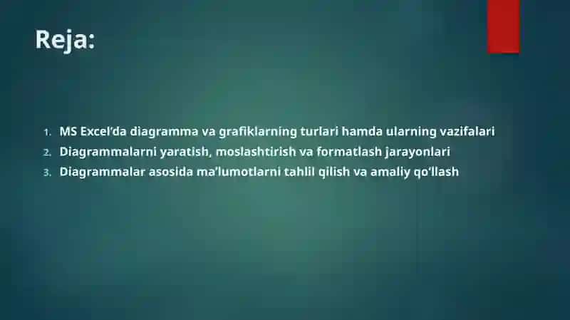 MS excelda ma'lumotlarni qayta ishlash natijalarini tahlil qilishda grafika va diagrammalardan foydalanish. 2