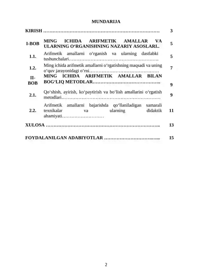 “MING ICHIDA ARIFMETIK AMALLAR BAJARISH METODLARDAN FOYDALANISH” KURS ISHI 2