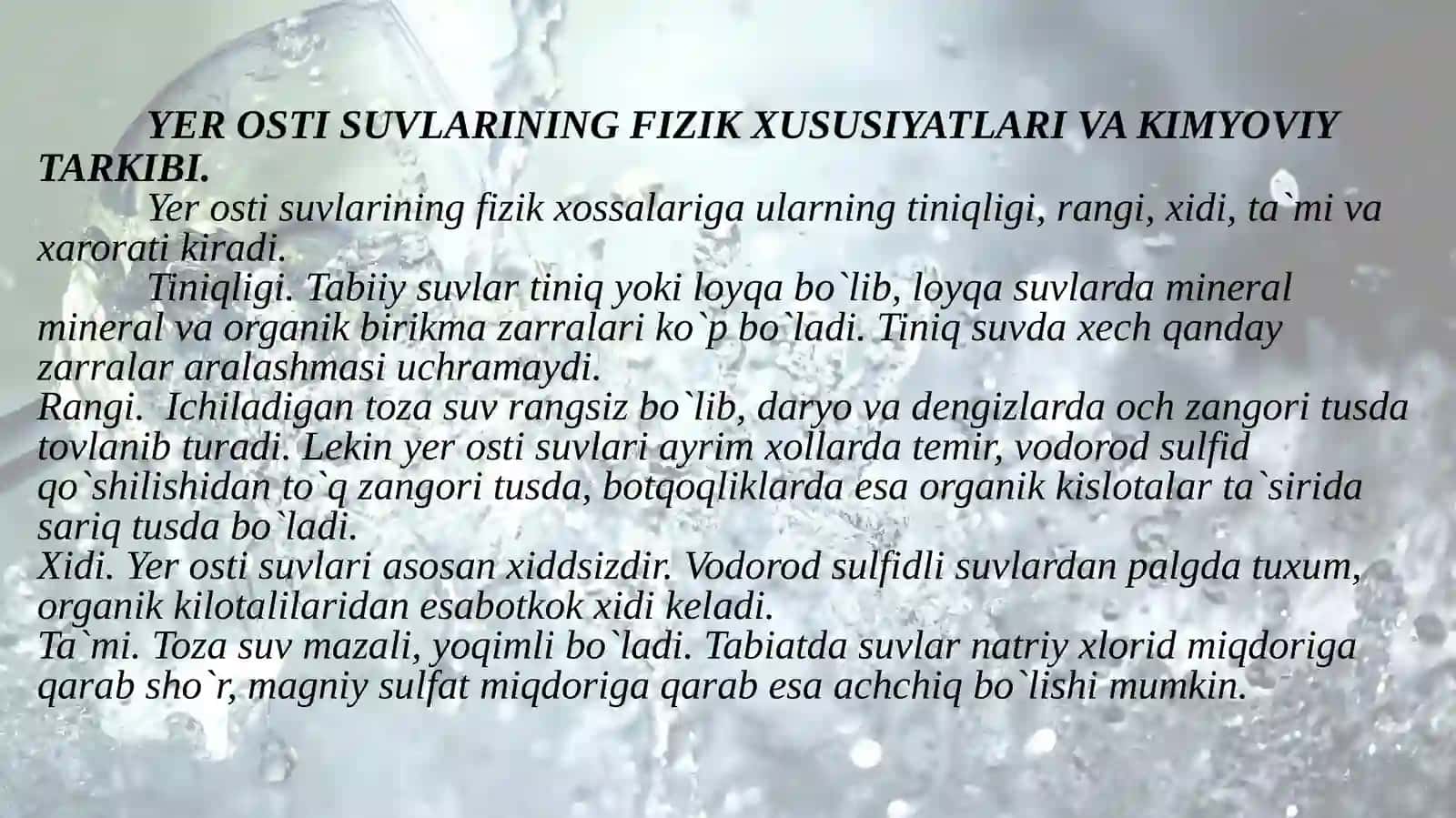 Yer osti suvlarining fizik xossalari, kimeviy tarkibi va agressivligi 2