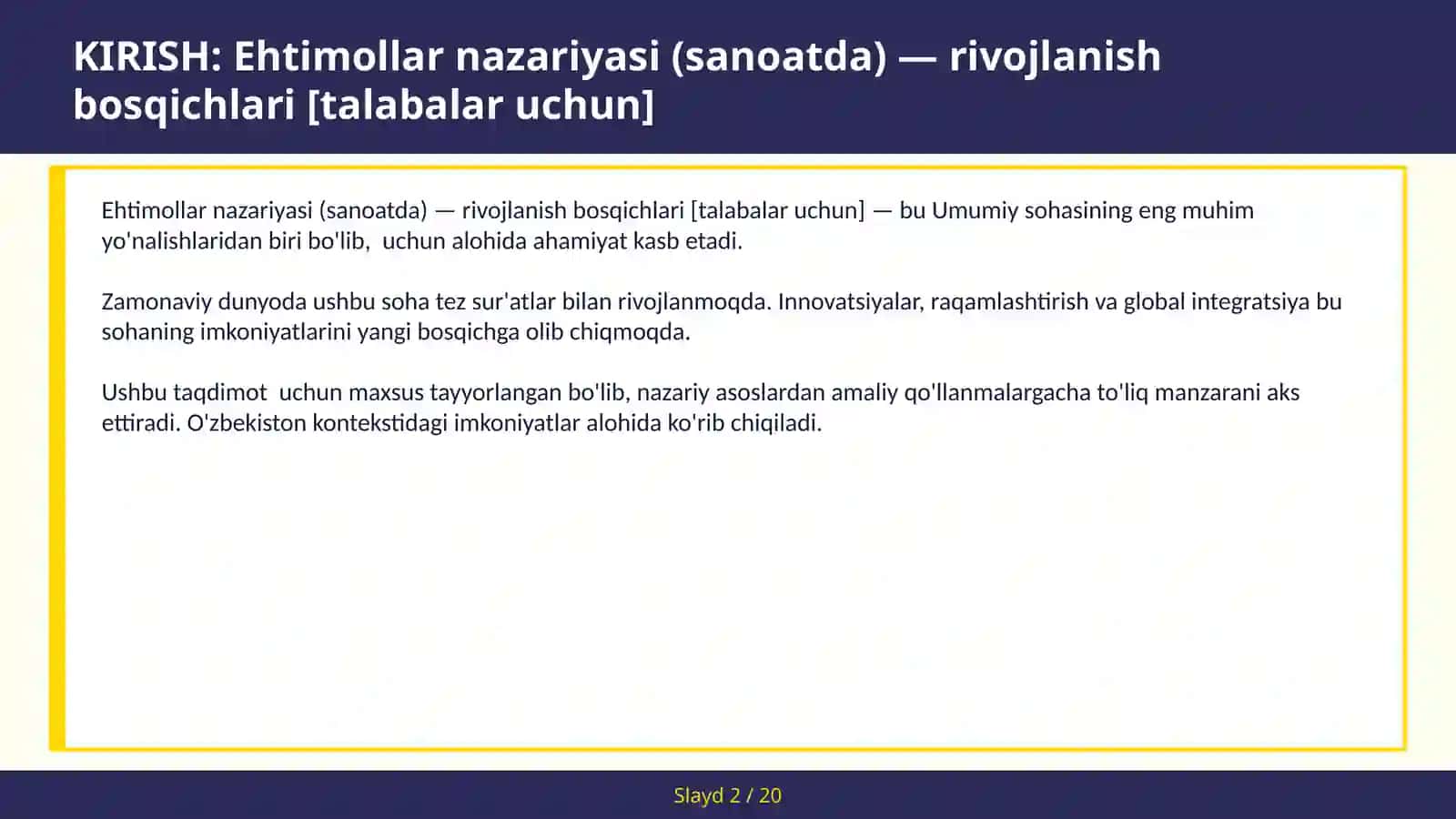 Ehtimollar Nazariyasi (Sanoatda) - Rivojlanish Bosqichlari [Talabalar Uchun] 2