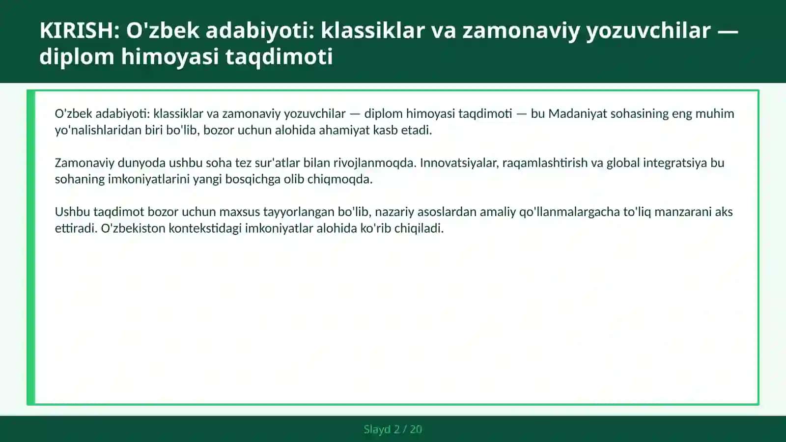 O'zbek adabiyoti: klassiklar va zamonaviy yozuvchilar — diplom himoyasi taqdimoti 2