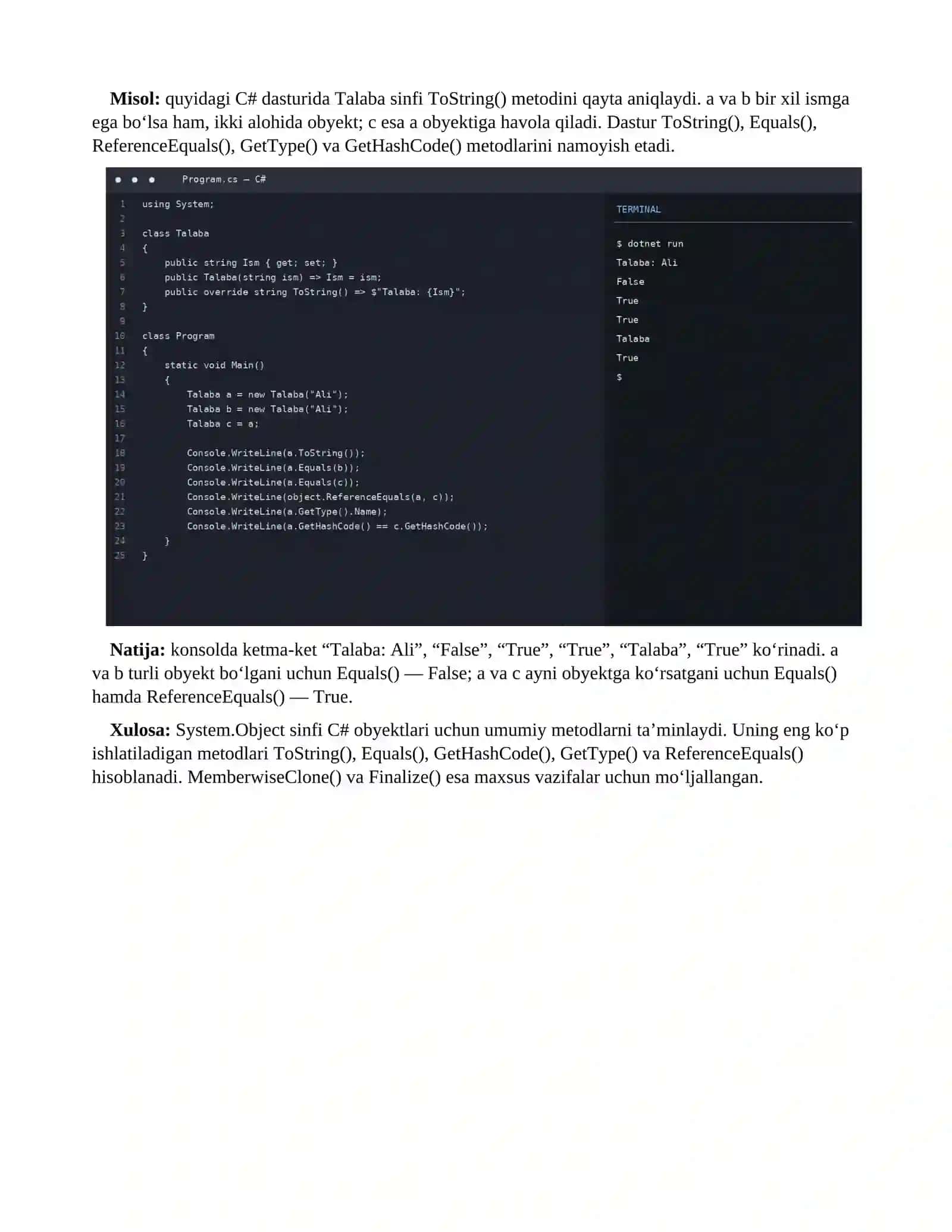System.Object sinfining asosiy metodlari 2