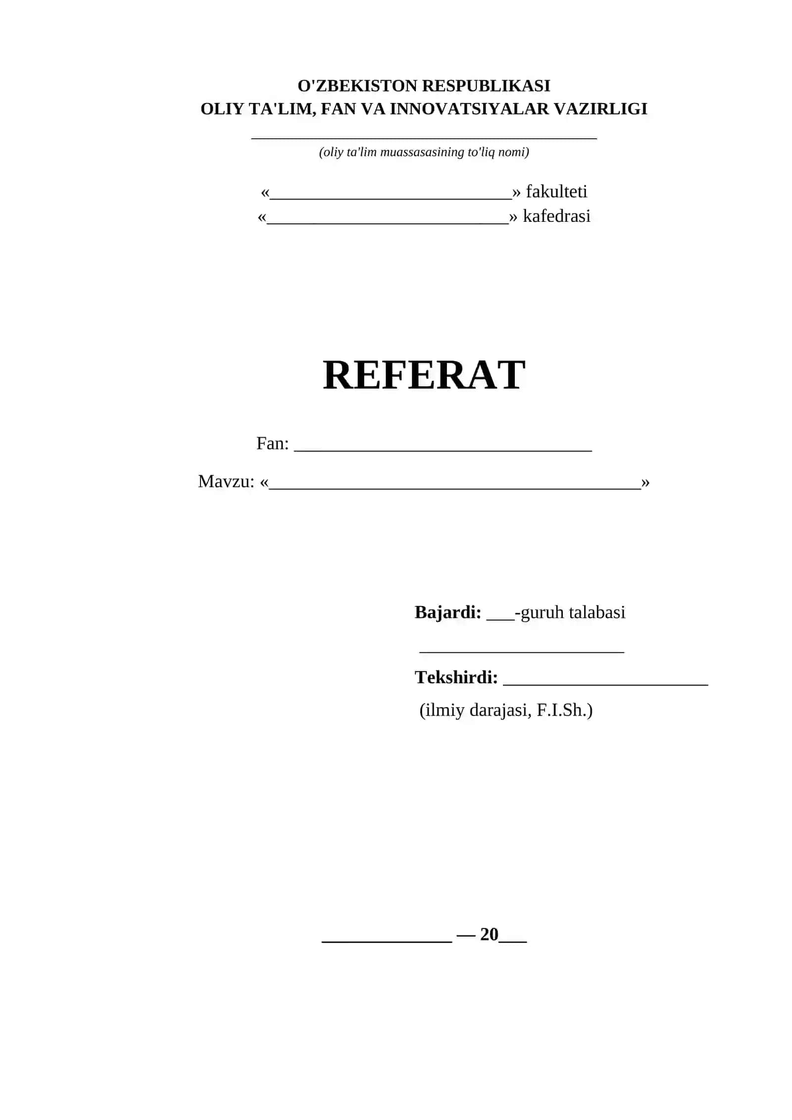 Referat va mustaqil ish titul varagi namunalari 10 xil word andoza 2