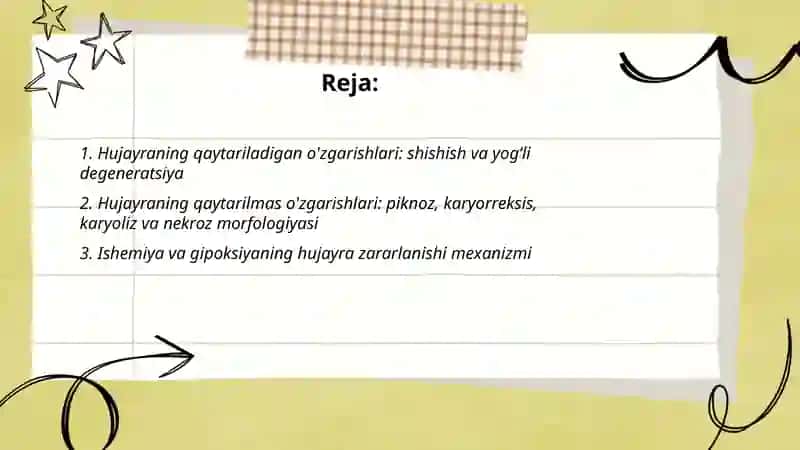 Hujayraning qaytar va qaytmas jarayoni.Hujayraning zararlanishi va nobud boʻlishi,sabablari, rivojlanish mexanizmi morfologiyasi. Apoptoz.Hujayra qarishi 2